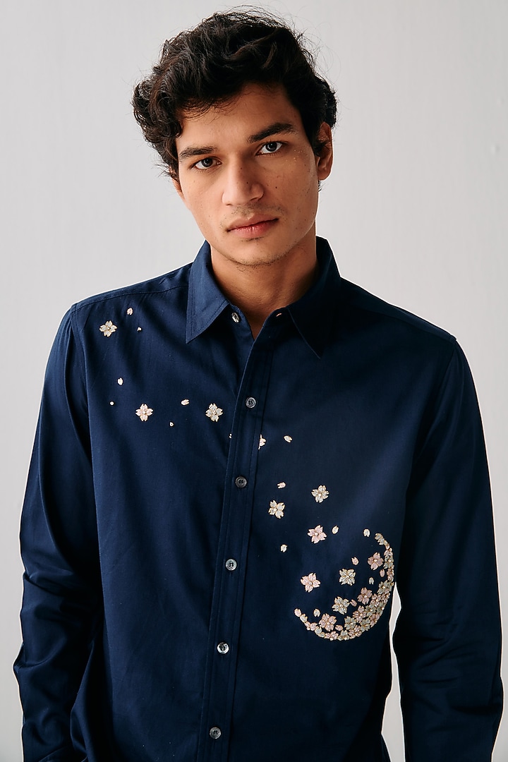 Deep Space Blue Cotton Hand Embellished Wedding Shirt by PERTE DEGO at Pernia's Pop Up Shop