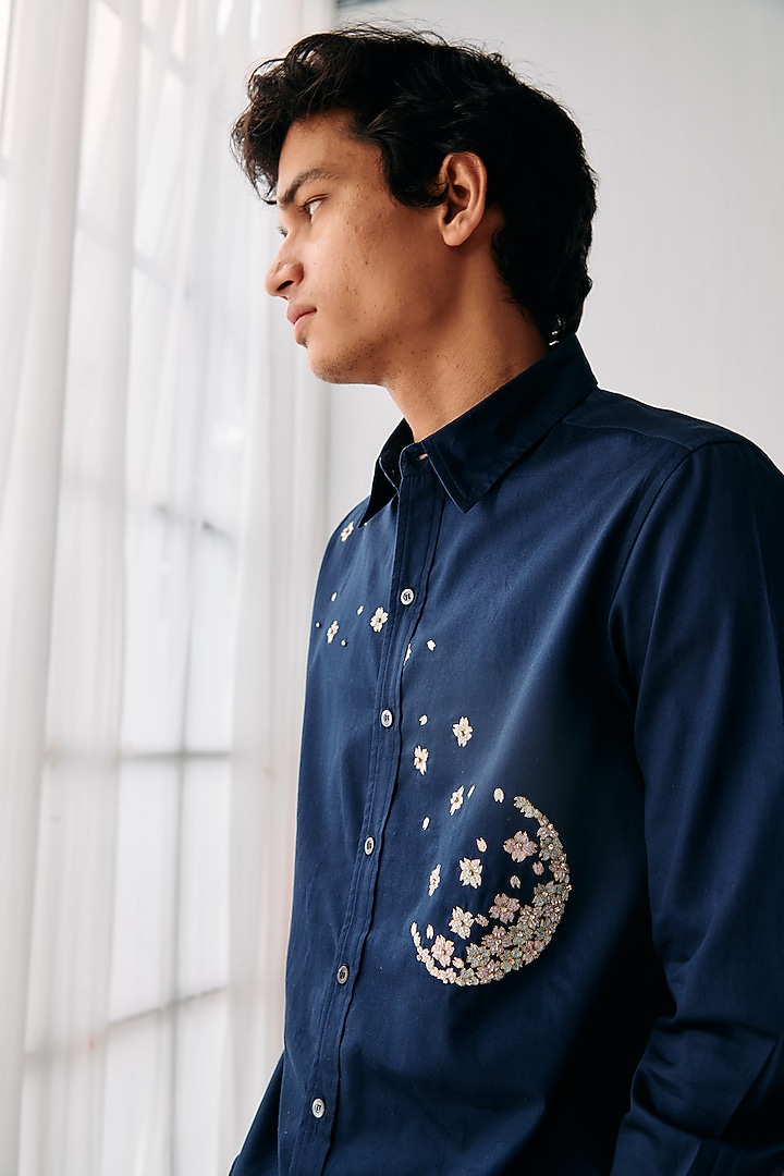 Deep Space Blue Cotton Hand Embellished Wedding Shirt by PERTE DEGO at Pernia's Pop Up Shop