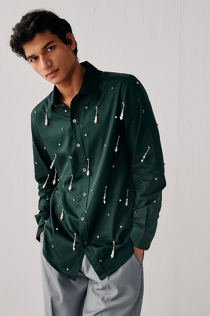 Dark Green Cotton Hand Embellished Shirt by PERTE DEGO