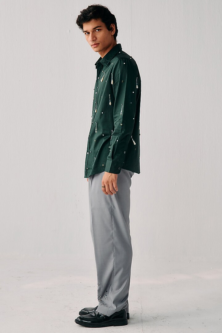 Dark Green Cotton Hand Embellished Wedding Shirt by PERTE DEGO at Pernia's Pop Up Shop