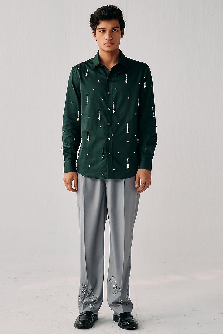 Dark Green Cotton Hand Embellished Wedding Shirt by PERTE DEGO at Pernia's Pop Up Shop