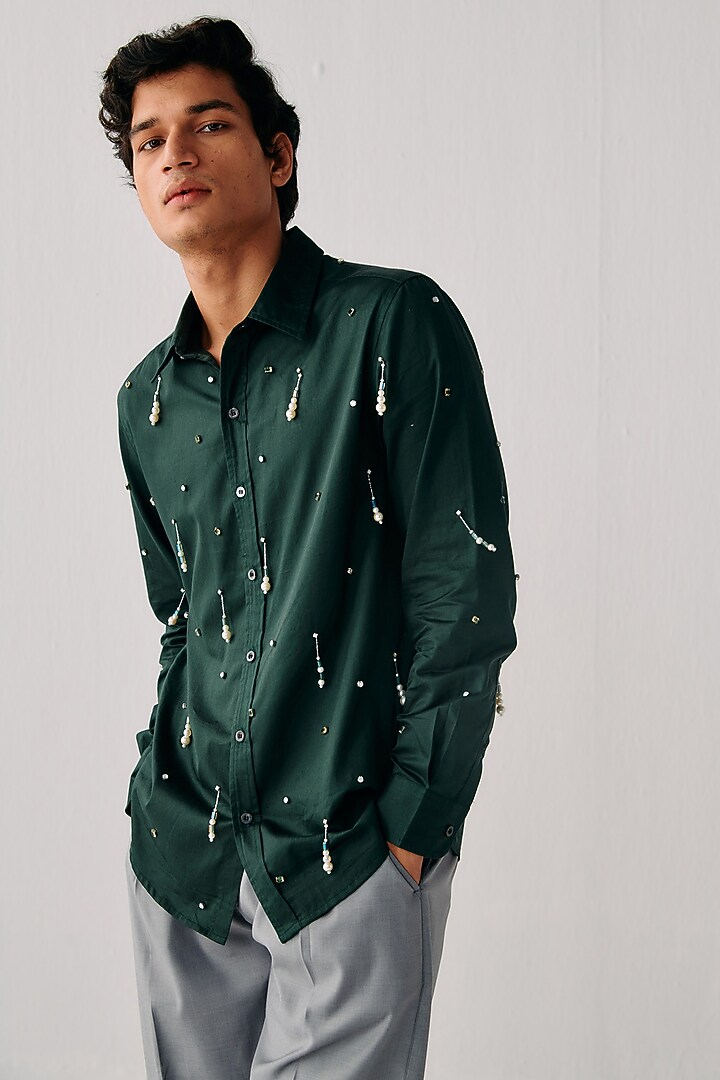 Dark Green Cotton Hand Embellished Wedding Shirt by PERTE DEGO at Pernia's Pop Up Shop