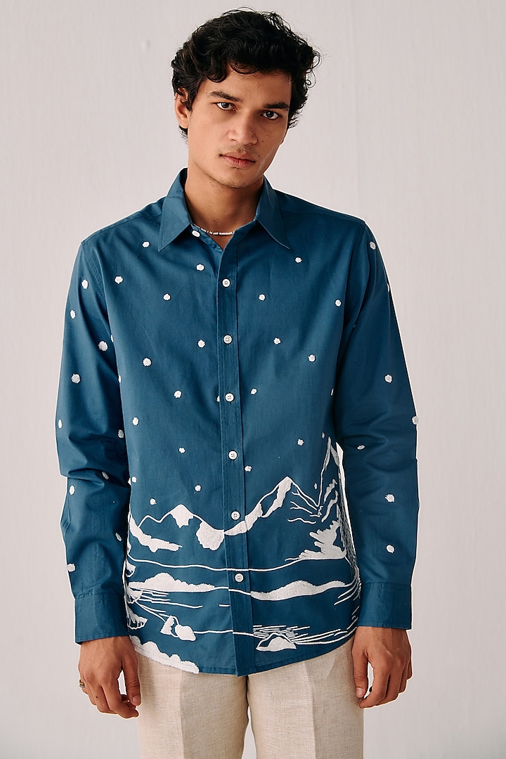 Sea Blue Cotton Embroidered Shirt by PERTE DEGO