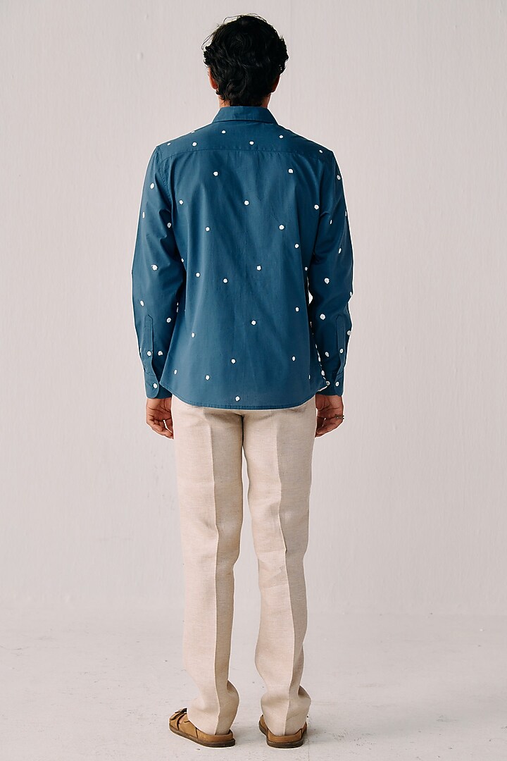 Sea Blue Cotton Embroidered Wedding Shirt by PERTE DEGO at Pernia's Pop Up Shop