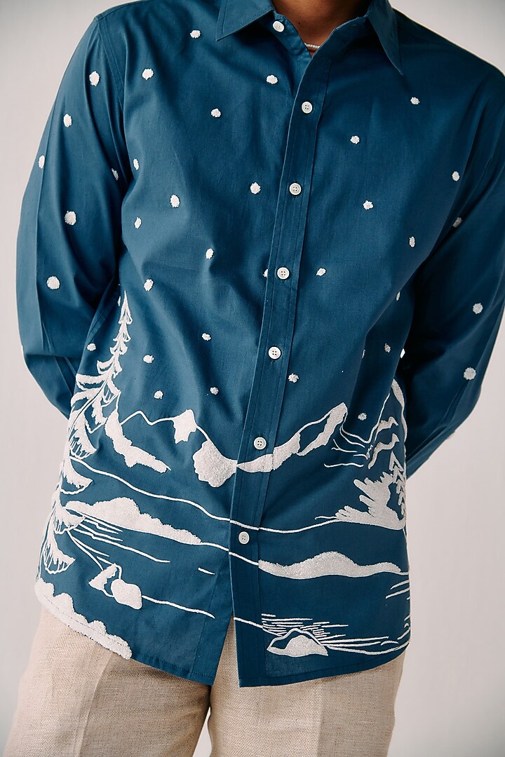 Sea Blue Cotton Embroidered Wedding Shirt by PERTE DEGO at Pernia's Pop Up Shop