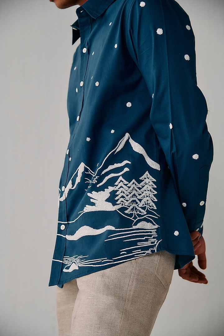 Sea Blue Cotton Embroidered Wedding Shirt by PERTE DEGO at Pernia's Pop Up Shop
