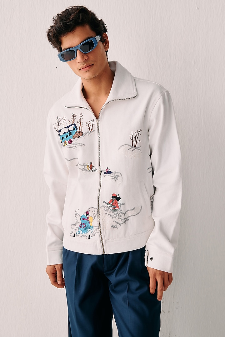 White Cotton Embroidered Zip-Up Jacket by PERTE DEGO