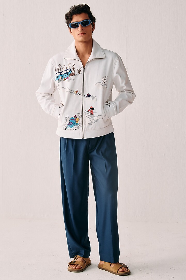 White Cotton Embroidered Zip-Up Jacket by PERTE DEGO at Pernia's Pop Up Shop