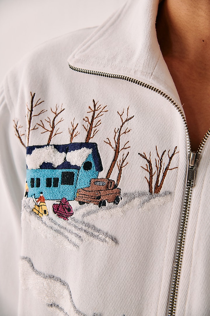 White Cotton Embroidered Zip-Up Jacket by PERTE DEGO at Pernia's Pop Up Shop