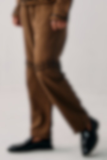 Coyote Brown Wool Blend Fabric Embroidered Pant by PERTE DEGO
