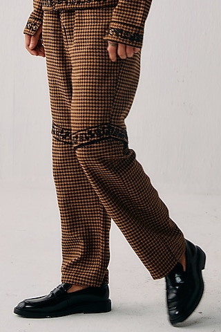 Brown Houndstooth Linen Pleated Trouser