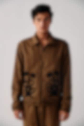 Coyote Brown Wool Blend Fabric Embroidered Zip-Up Jacket by PERTE DEGO