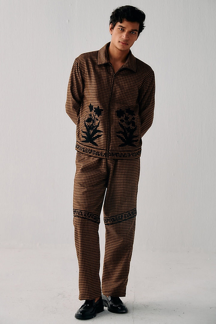 Coyote Brown Wool Blend Fabric Embroidered Zip-Up Jacket by PERTE DEGO at Pernia's Pop Up Shop