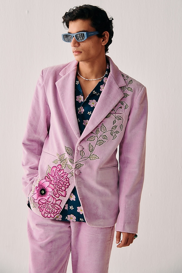 Pink Cotton Velvet Artwork Embroidered Blazer by PERTE DEGO