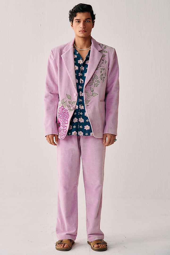 Pink Cotton Velvet Artwork Embroidered Blazer by PERTE DEGO at Pernia's Pop Up Shop