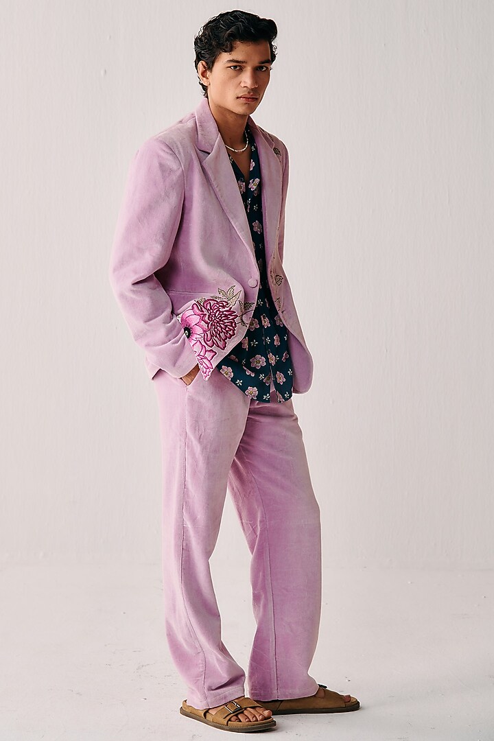 Pink Cotton Velvet Artwork Embroidered Blazer by PERTE DEGO at Pernia's Pop Up Shop