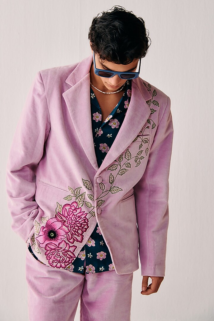 Pink Cotton Velvet Artwork Embroidered Blazer by PERTE DEGO at Pernia's Pop Up Shop