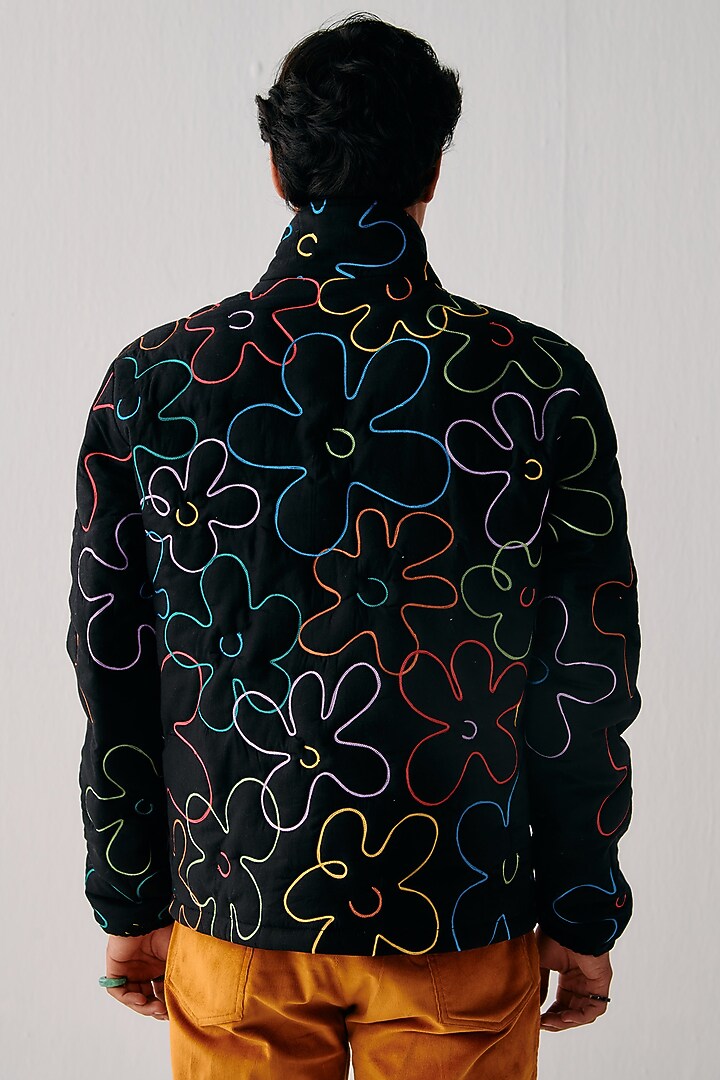 Black Cotton Floral Embroidered Zip-Up Jacket by PERTE DEGO at Pernia's Pop Up Shop