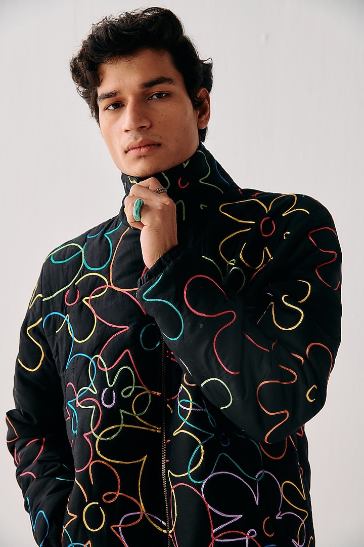 Black Cotton Floral Embroidered Zip-Up Jacket by PERTE DEGO at Pernia's Pop Up Shop