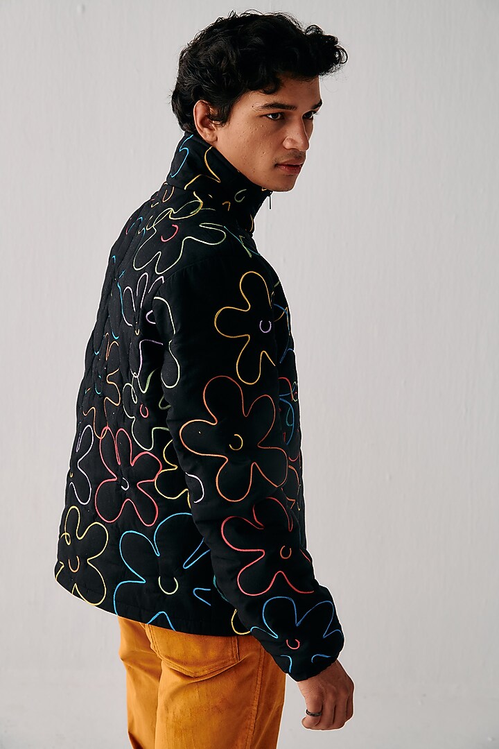 Black Cotton Floral Embroidered Zip-Up Jacket by PERTE DEGO at Pernia's Pop Up Shop