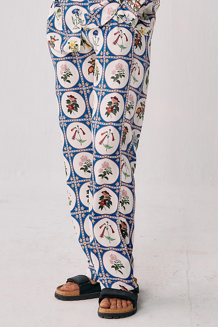 White Modal Satin Digital Printed Pant by PERTE DEGO at Pernia's Pop Up Shop