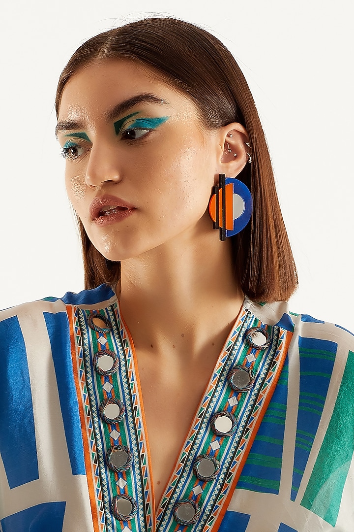 Orange & Blue Semi-Geometric Handmade Earrings by PRACHI GUPTA at Pernia's Pop Up Shop