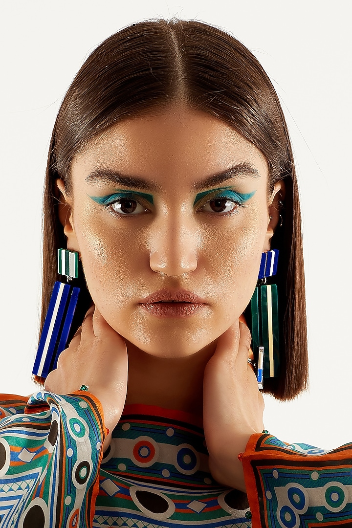 Green & Blue Multi Lane Mismatch Earrings by PRACHI GUPTA at Pernia's Pop Up Shop