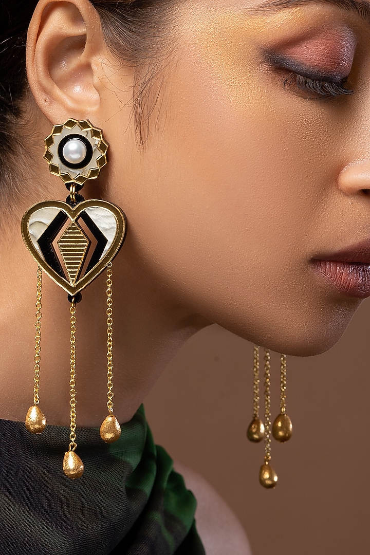Cream & Gold Textured Acrylic Dangler Earrings by PRACHI GUPTA at Pernia's Pop Up Shop