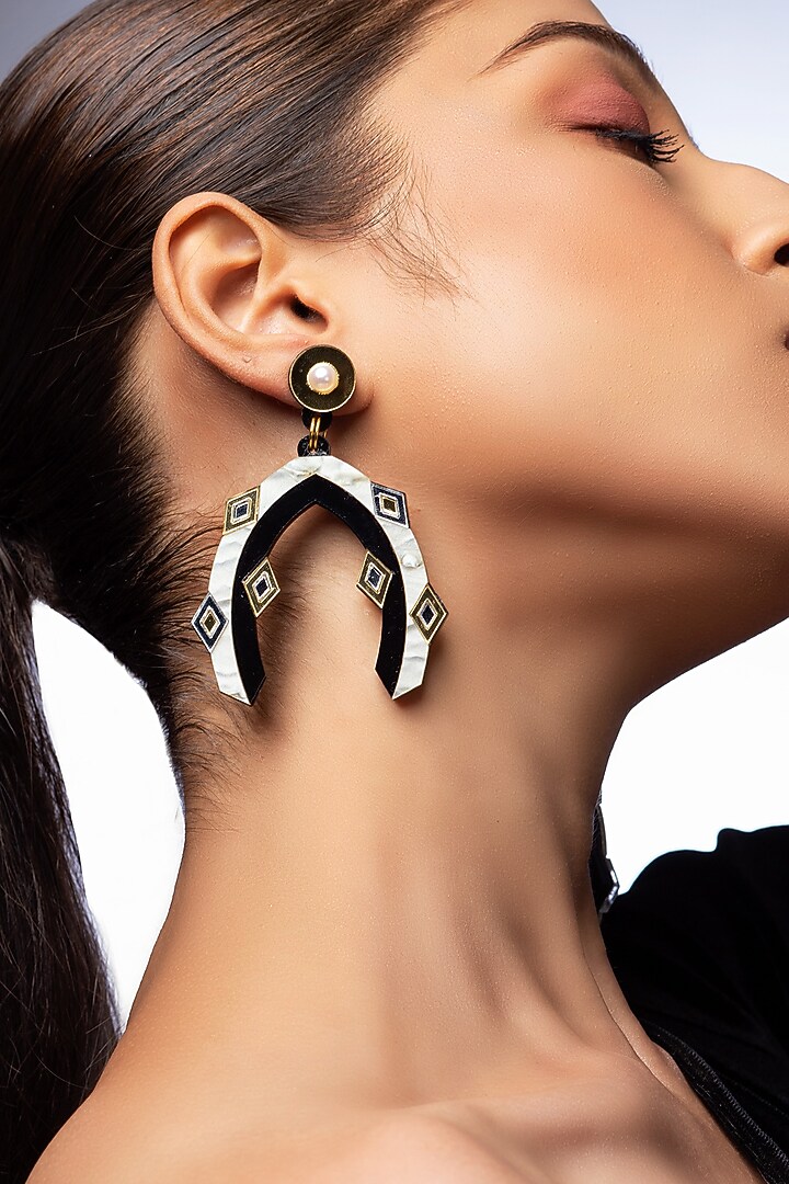 Cream & Black Textured Acrylic Dangler Earrings by PRACHI GUPTA at Pernia's Pop Up Shop