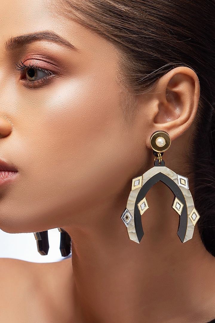 Cream & Black Textured Acrylic Dangler Earrings by PRACHI GUPTA at Pernia's Pop Up Shop