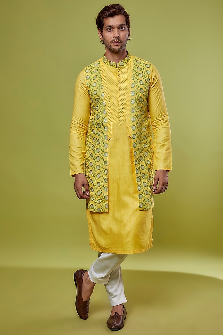 Yellow Bhagalpuri Silk & Katan Silk Embroidered Kurta Set by PRIYANKA HARALALKA