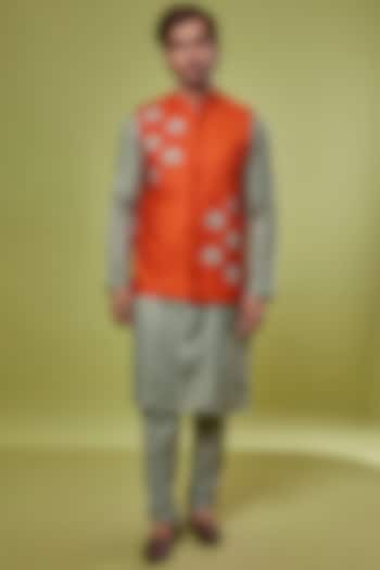 Rust Silk Bourrate & Katan Silk Embroidered Bundi Jacket With Kurta Set by PRIYANKA HARALALKA