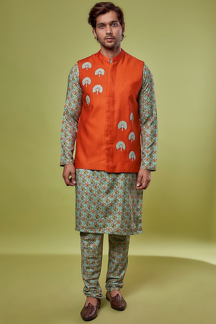 Rust Silk Bourrate & Katan Silk Embroidered Bundi Jacket With Kurta Set by PRIYANKA HARALALKA
