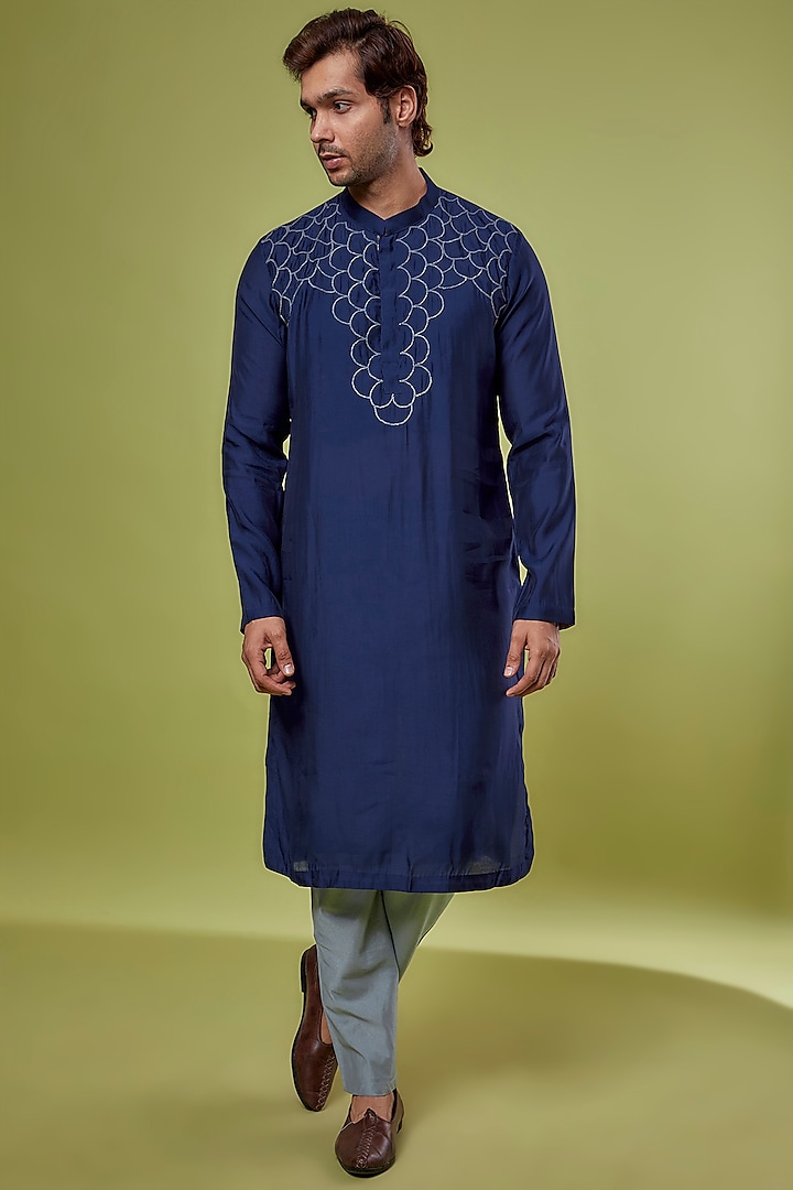 Navy Blue Roman Silk & Katan Silk Embroidered Kurta Set by PRIYANKA HARALALKA