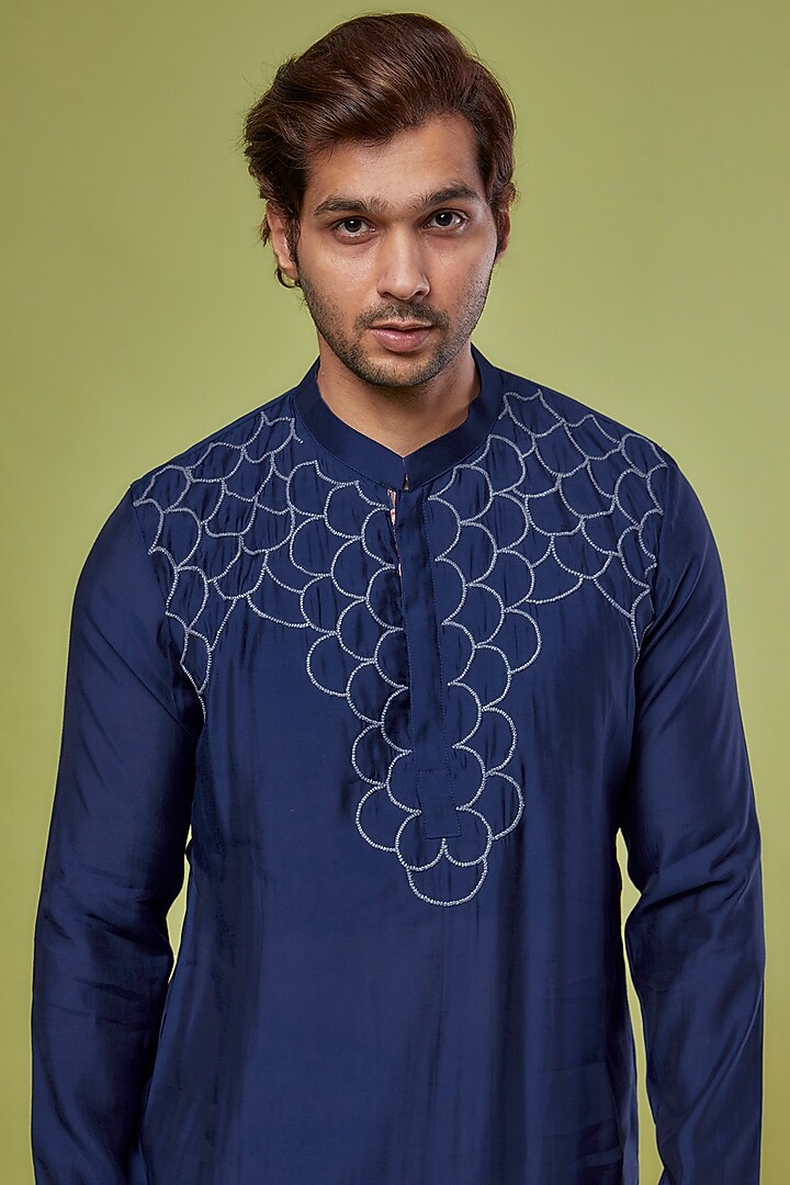 Navy Blue Roman Silk & Katan Silk Embroidered Kurta Set by PRIYANKA HARALALKA at Pernia's Pop Up Shop