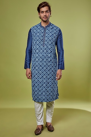 Navy Blue Banarasi Cotton Silk & Katan Silk Embroidered Kurta Set by PRIYANKA HARALALKA
