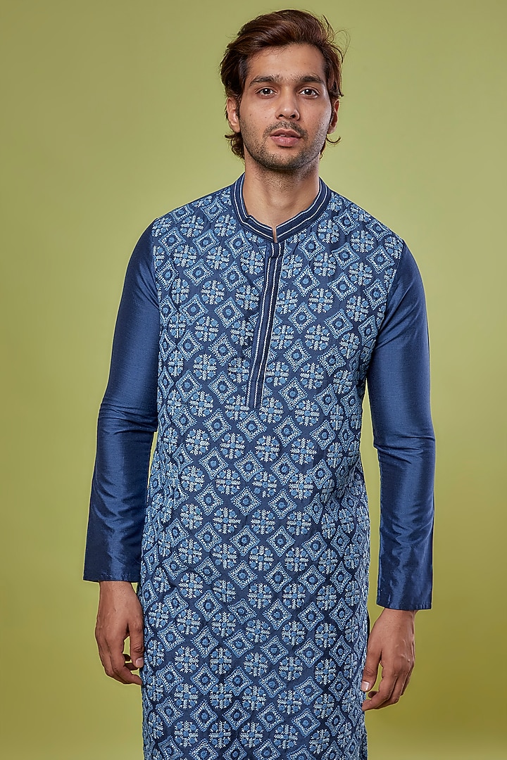 Navy Blue Banarasi Cotton Silk & Katan Silk Embroidered Kurta Set by PRIYANKA HARALALKA at Pernia's Pop Up Shop
