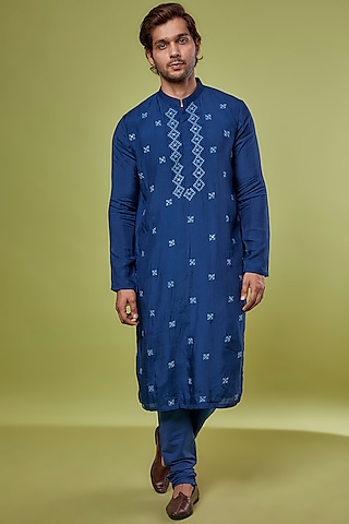 Blue Cotton & Silk Hand Embroidered Kurta Set by PRIYANKA HARALALKA