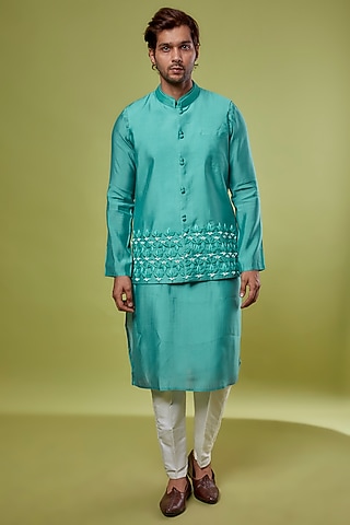 Aqua Blue Roman Silk & Katan Silk Embroidered Bundi Jacket With Kurta Set by PRIYANKA HARALALKA