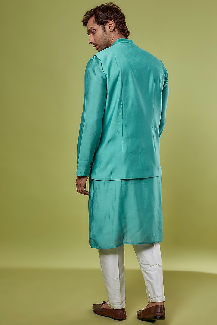 Aqua Blue Roman Silk & Katan Silk Embroidered Bundi Jacket With Kurta Set by PRIYANKA HARALALKA at Pernia's Pop Up Shop