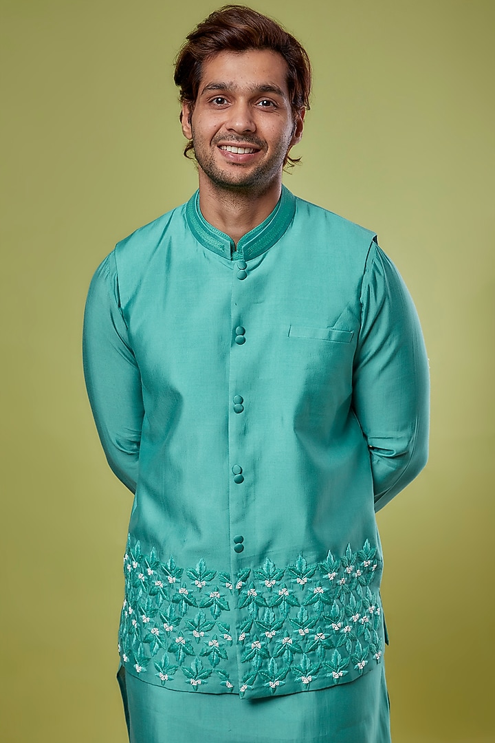 Aqua Blue Roman Silk & Katan Silk Embroidered Bundi Jacket With Kurta Set by PRIYANKA HARALALKA at Pernia's Pop Up Shop