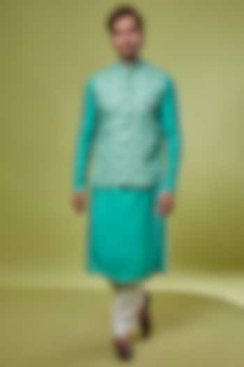 Aqua Green Chanderi Silk & Katan Silk Embroidered Bundi Jacket With Kurta Set by PRIYANKA HARALALKA at Pernia's Pop Up Shop