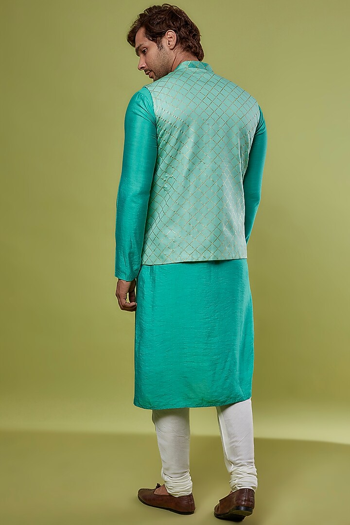 Aqua Green Chanderi Silk & Katan Silk Embroidered Bundi Jacket With Kurta Set by PRIYANKA HARALALKA at Pernia's Pop Up Shop