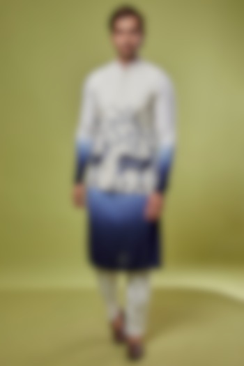 Off-White & Blue Cotton Embroidered Bundi Jacket With Kurta Set by PRIYANKA HARALALKA