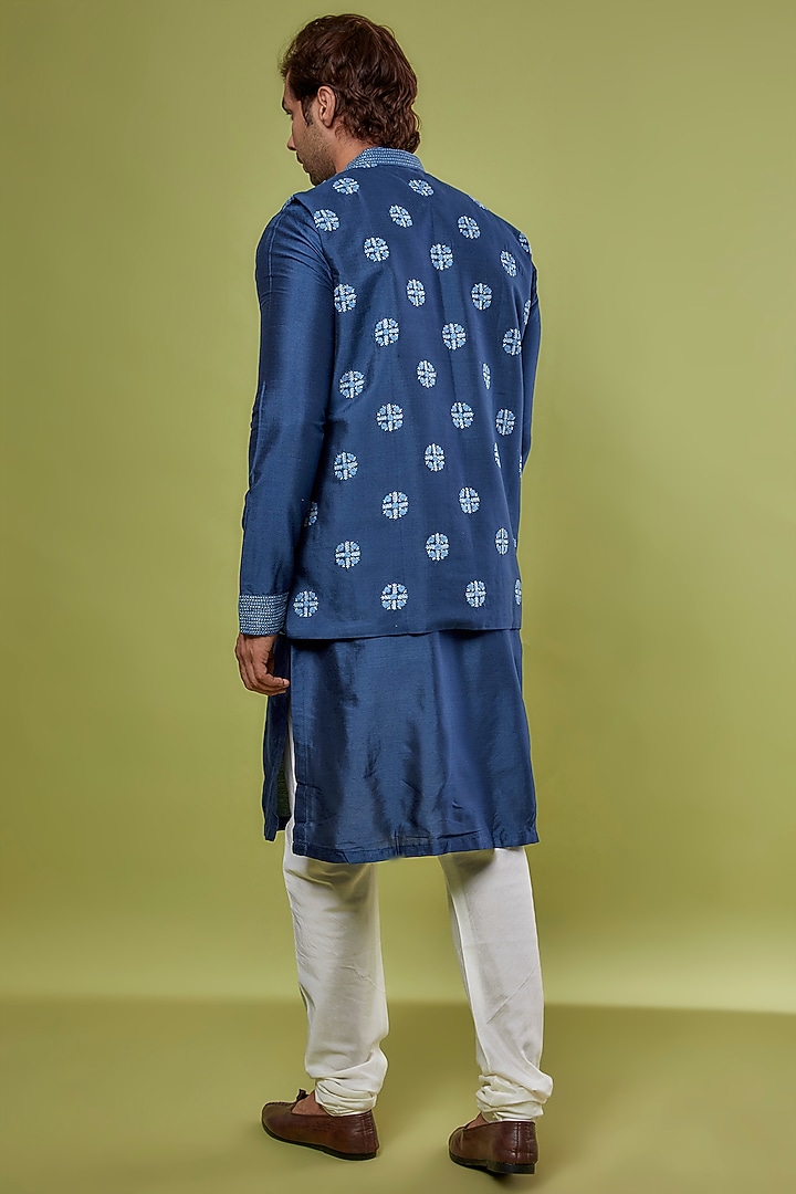 Blue Banarasi Cotton Silk Embroidered Bundi Jacket With Kurta Set by PRIYANKA HARALALKA at Pernia's Pop Up Shop