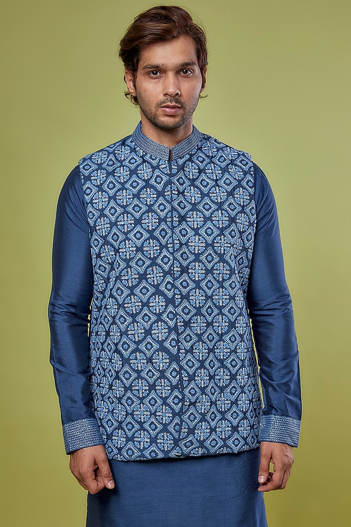 Blue Banarasi Cotton Silk Embroidered Bundi Jacket With Kurta Set by PRIYANKA HARALALKA at Pernia's Pop Up Shop