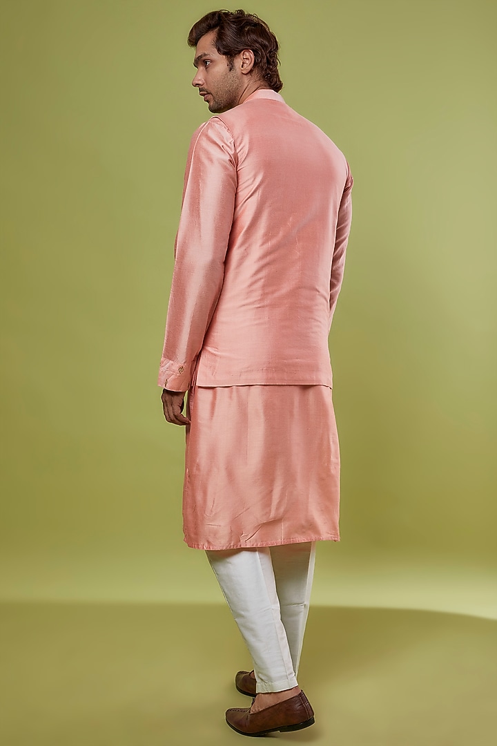 Pink Banarasi Silk & Katan Silk Embroidered Bundi Jacket With Kurta Set by PRIYANKA HARALALKA at Pernia's Pop Up Shop