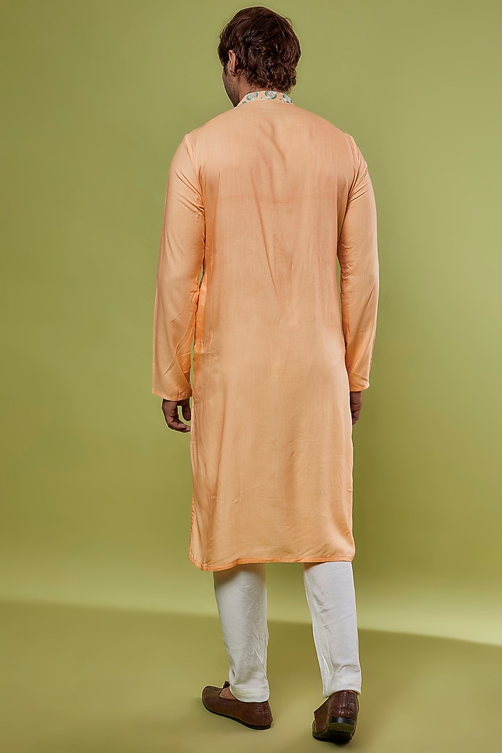 Peach & Aqua Green Bhagalpuri Silk Embroidered Kurta Set by PRIYANKA HARALALKA at Pernia's Pop Up Shop