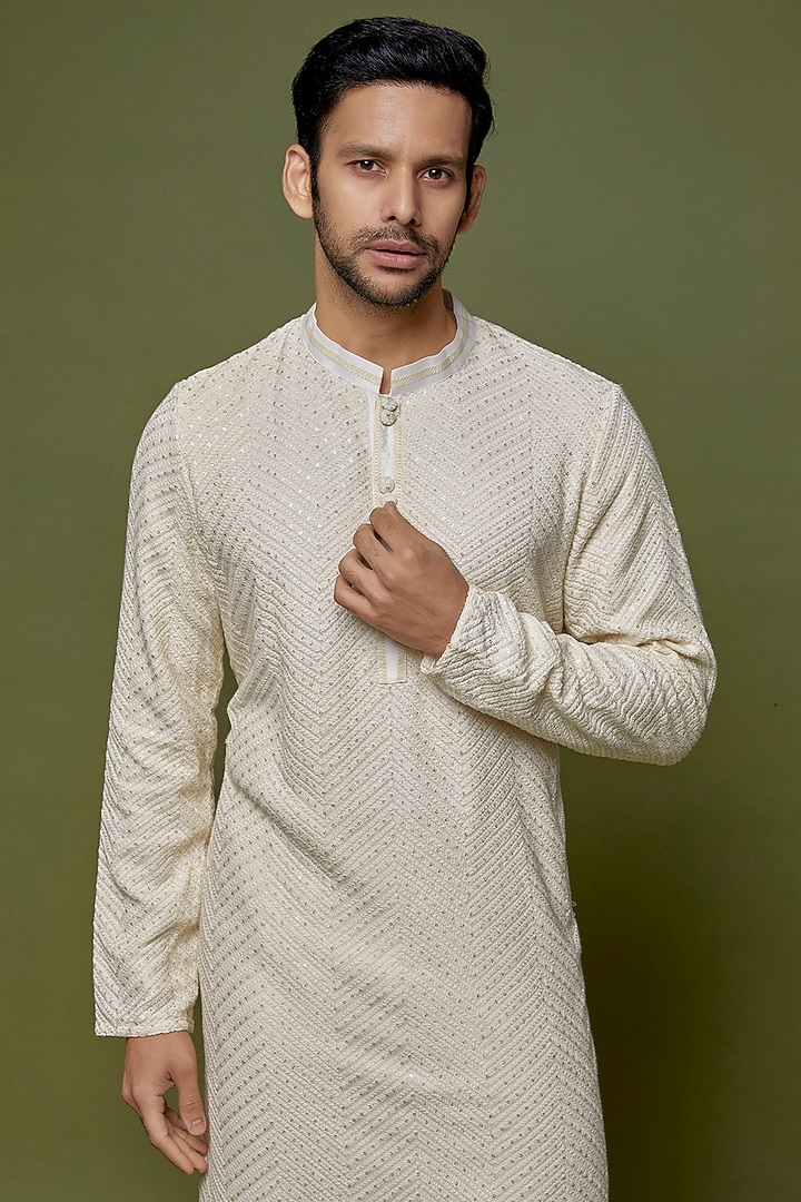 Ivory Georgette Sequins Embroidered Kurta Set by PRIYANKA HARALALKA at Pernia's Pop Up Shop