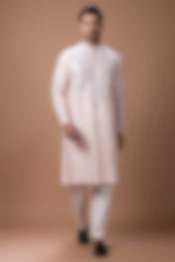 Powder Pink Cotton Silk Mirror Embellished Kurta Set by PRIYANKA HARALALKA at Pernia's Pop Up Shop